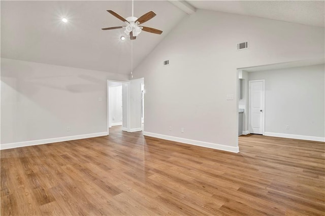 unfurnished living room featuring ceiling fan, high vaulted ceiling, beam ceiling, baseboards, and light wood-style flooring