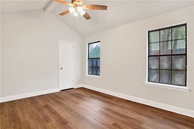 unfurnished room featuring wood finished floors, ceiling fan, and baseboards