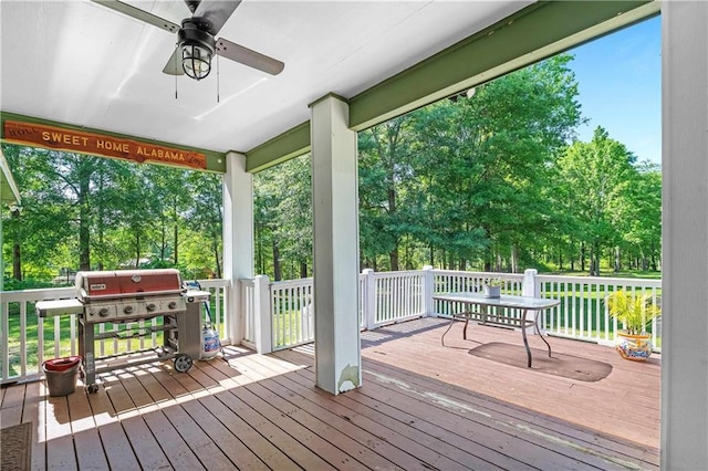8255A Dixon Rd, Bay Minette, AL 36507 - wooden deck featuring ceiling fan, view of wooded area, and grilling area