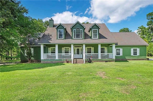 8255A Dixon Rd, Bay Minette, AL 36507 - cape cod home with a chimney, a porch, a front lawn, and roof with shingles