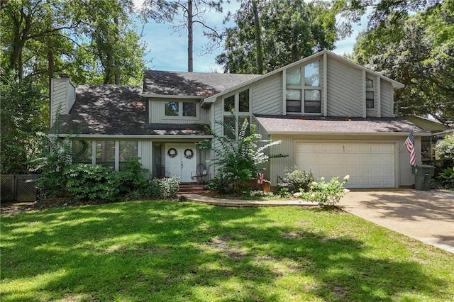 112 Broadmoor Dr, Daphne, AL 36526 - mid-century inspired home featuring a garage, driveway, a chimney, and a shingled roof