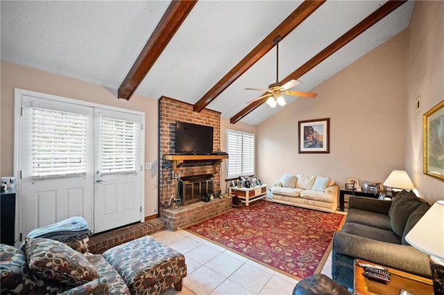 112 Broadmoor Dr, Daphne, AL 36526 - living area with light tile patterned floors, beam ceiling, a fireplace, a ceiling fan, and high vaulted ceiling
