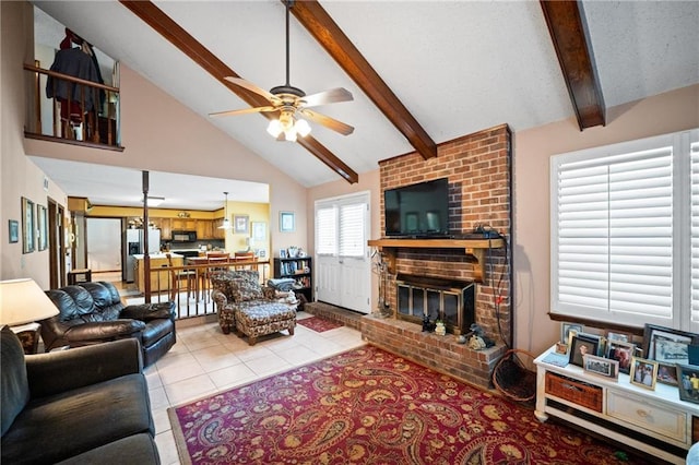 112 Broadmoor Dr, Daphne, AL 36526 - tiled living room with a brick fireplace, beam ceiling, a ceiling fan, and high vaulted ceiling