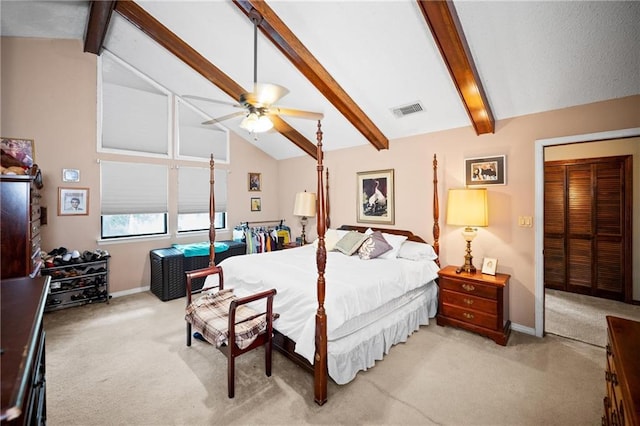 112 Broadmoor Dr, Daphne, AL 36526 - bedroom featuring light carpet, beam ceiling, high vaulted ceiling, and a ceiling fan