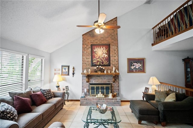 112 Broadmoor Dr, Daphne, AL 36526 - living area with a fireplace, ceiling fan, high vaulted ceiling, and tile patterned floors