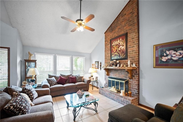 112 Broadmoor Dr, Daphne, AL 36526 - living room featuring a ceiling fan, a fireplace, light tile patterned floors, high vaulted ceiling, and a textured ceiling