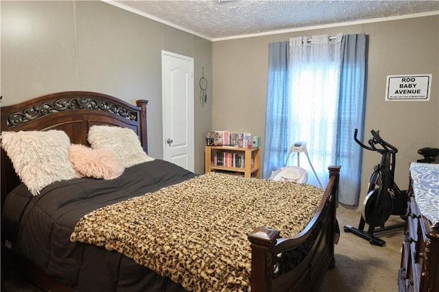 carpeted bedroom with a textured ceiling