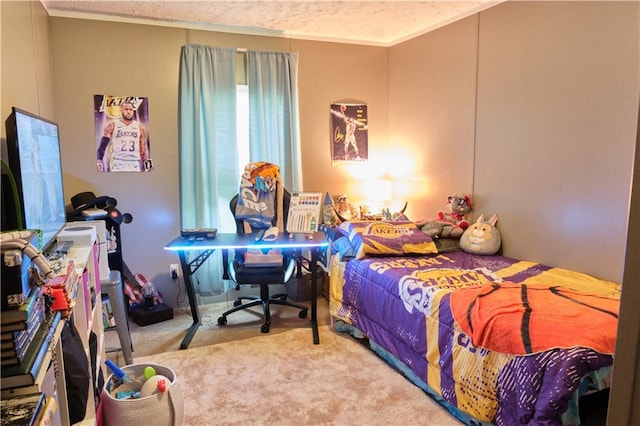 bedroom with ornamental molding, a textured ceiling, and light colored carpet