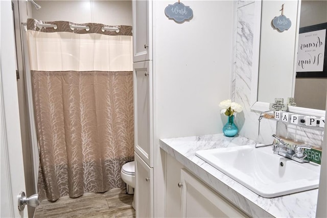 bathroom with toilet, oversized vanity, and wood-type flooring