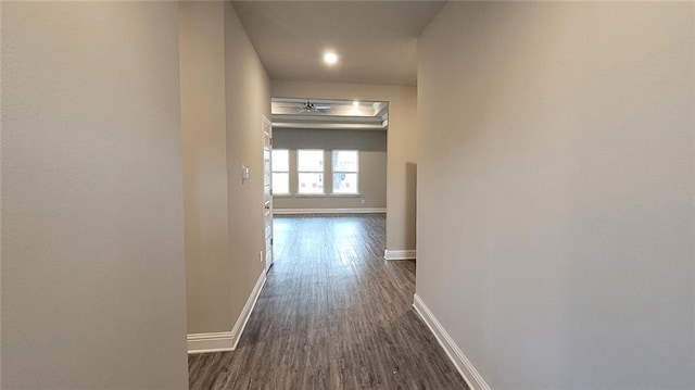 hallway with dark hardwood / wood-style flooring and a tray ceiling