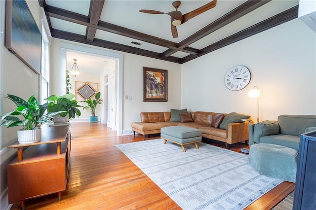 7 Reed Ave N, Mobile, AL 36604 - living area featuring coffered ceiling, ceiling fan, wood finished floors, beam ceiling, and baseboards