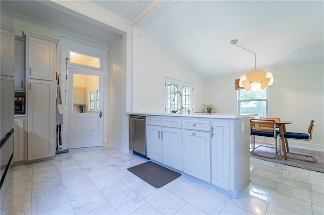 7 Reed Ave N, Mobile, AL 36604 - kitchen featuring stainless steel dishwasher, crown molding, vaulted ceiling, a peninsula, and light countertops
