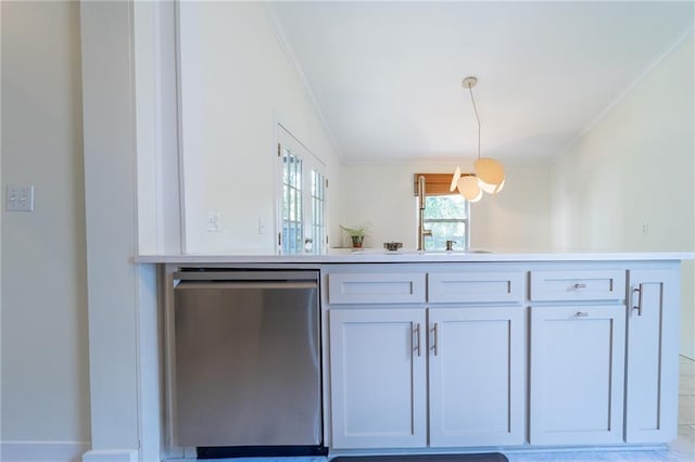 7 Reed Ave N, Mobile, AL 36604 - kitchen featuring dishwasher, ornamental molding, hanging light fixtures, light countertops, and a sink