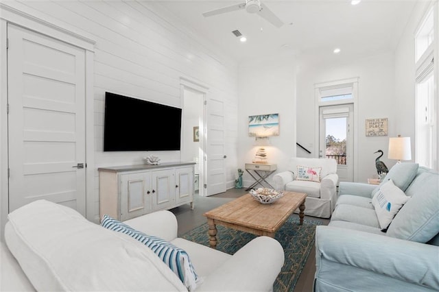 2455 Saltgrass Way, Orange Beach, AL 36561 - living room featuring a ceiling fan, recessed lighting, and wood finished floors