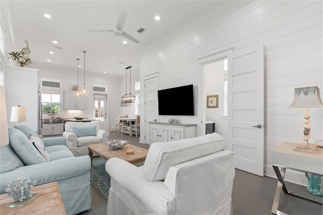 2455 Saltgrass Way, Orange Beach, AL 36561 - living room featuring recessed lighting, ceiling fan, dark wood finished floors, and crown molding