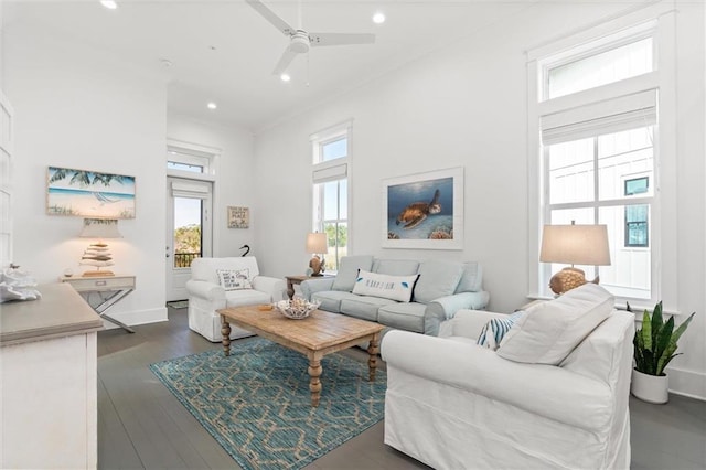 2455 Saltgrass Way, Orange Beach, AL 36561 - living room with a ceiling fan, recessed lighting, dark wood-style flooring, and baseboards