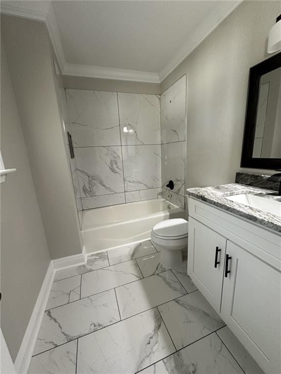 full bathroom with vanity, toilet, crown molding, and tiled shower / bath combo