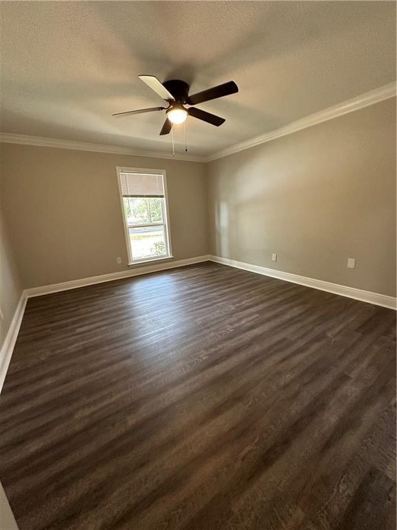 spare room featuring ornamental molding, a textured ceiling, ceiling fan, and dark wood-type flooring