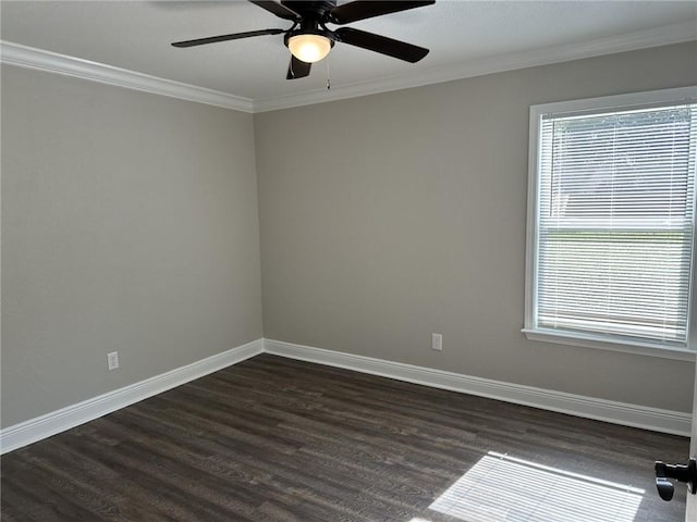 spare room featuring crown molding, a wealth of natural light, dark wood-type flooring, and ceiling fan