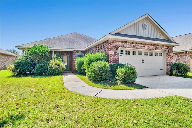 ranch-style home with a garage and a front lawn