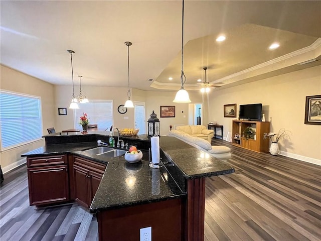 kitchen featuring dark hardwood / wood-style floors, dark stone countertops, sink, a tray ceiling, and a center island with sink