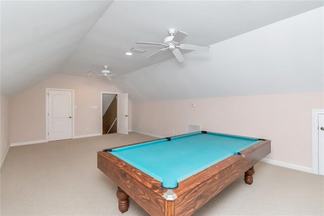 playroom featuring billiards, ceiling fan, and vaulted ceiling