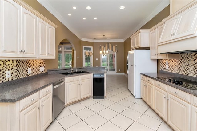 kitchen with white fridge, stainless steel dishwasher, kitchen peninsula, hanging light fixtures, and light tile patterned flooring