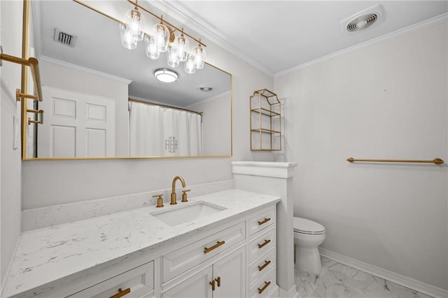 full bathroom with visible vents, toilet, marble finish floor, and vanity