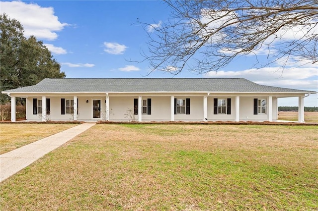 single story home with a porch and a front lawn