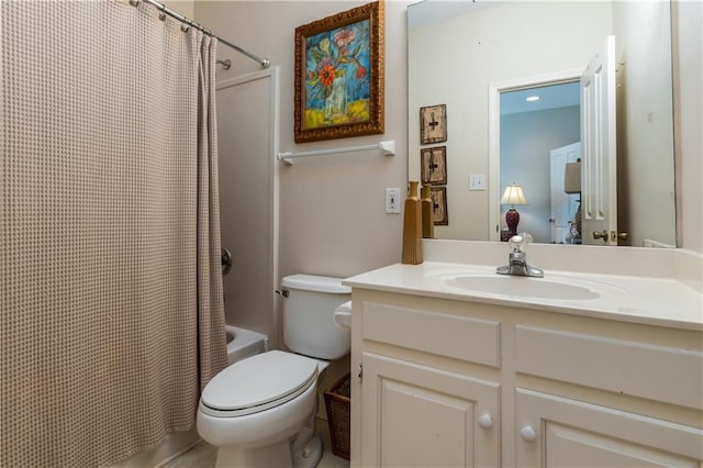 full bathroom with shower / bathtub combination with curtain, vanity, and toilet