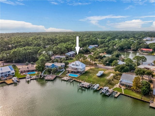 drone / aerial view with a water view