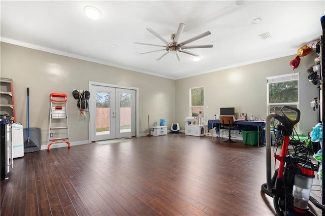 interior space featuring hardwood / wood-style floors, french doors, and a healthy amount of sunlight