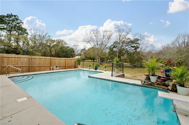 view of pool featuring a diving board, a fenced backyard, and a fenced in pool