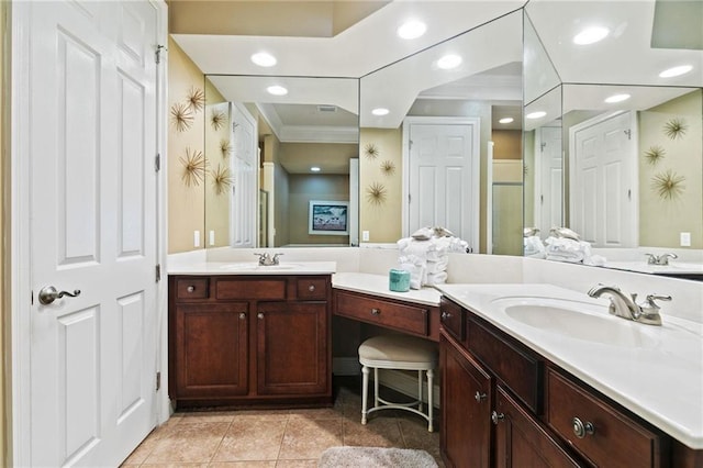 bathroom with recessed lighting, vanity, and tile patterned floors