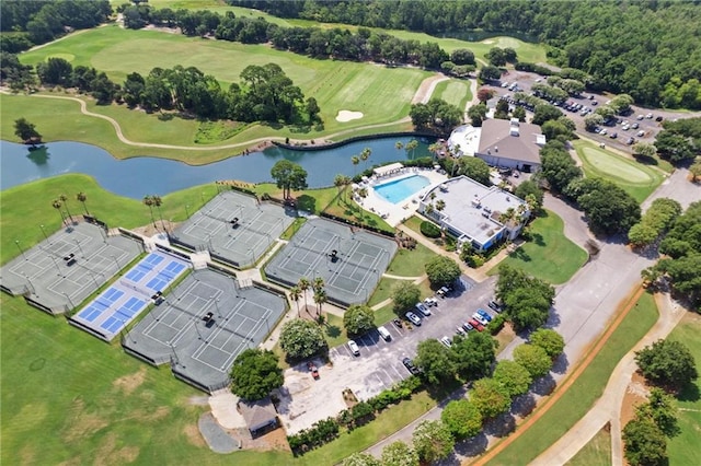 aerial view with view of golf course and a water view