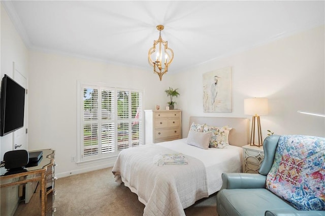 bedroom with carpet floors, ornamental molding, and a chandelier