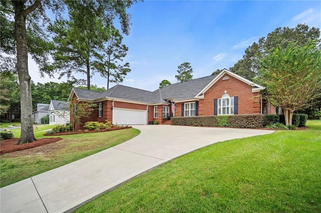 ranch-style home featuring a front yard and a garage