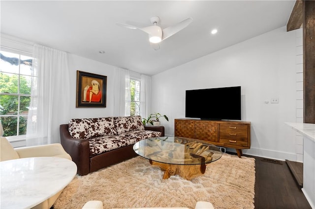 205 George St, Mobile, AL 36604 - living room with lofted ceiling, wood-type flooring, recessed lighting, a ceiling fan, and baseboards