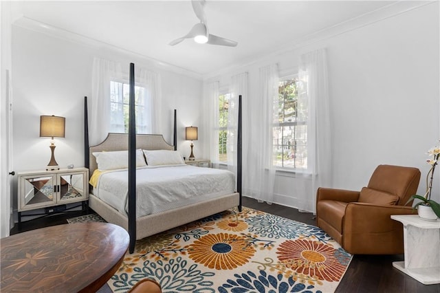 205 George St, Mobile, AL 36604 - bedroom with ornamental molding, wood finished floors, multiple windows, and a ceiling fan