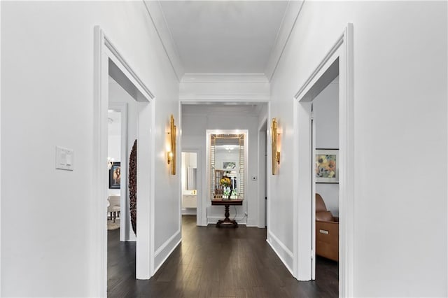 205 George St, Mobile, AL 36604 - hall with ornamental molding, dark wood-style flooring, and baseboards