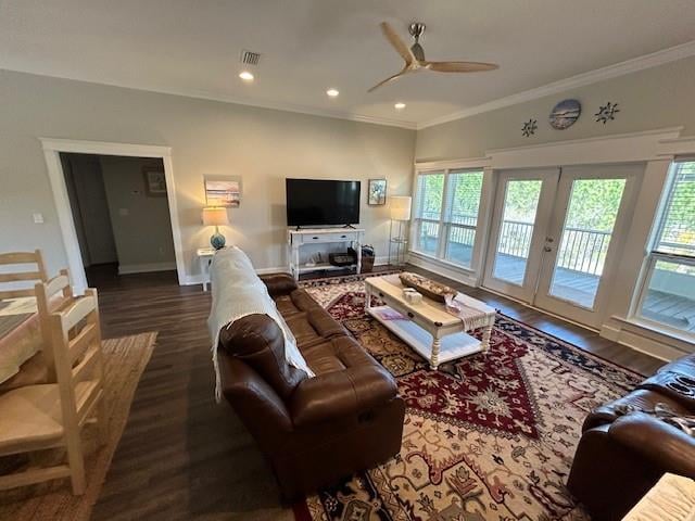 living room featuring french doors, ceiling fan, dark hardwood / wood-style flooring, and ornamental molding