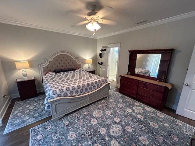 bedroom with ceiling fan, dark wood-type flooring, ornamental molding, and ensuite bath