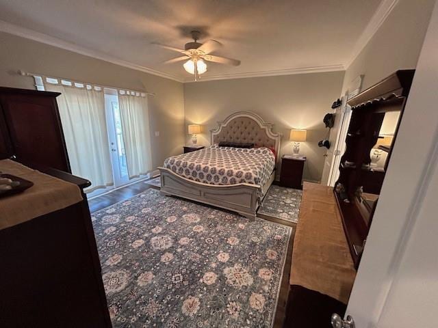 bedroom featuring ceiling fan, access to outside, light hardwood / wood-style flooring, and ornamental molding