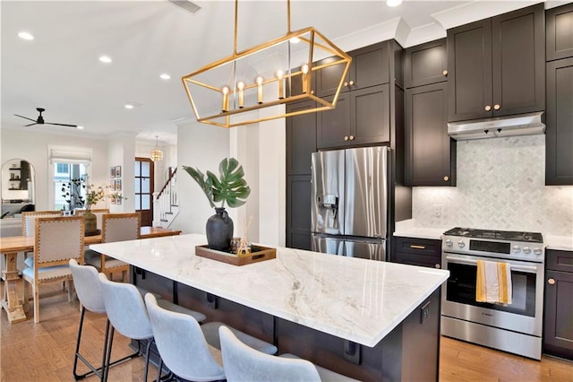 kitchen with under cabinet range hood, light wood-style flooring, light stone counters, and stainless steel appliances