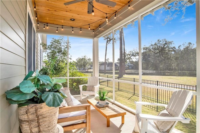 sunroom with wood ceiling, ceiling fan, and track lighting