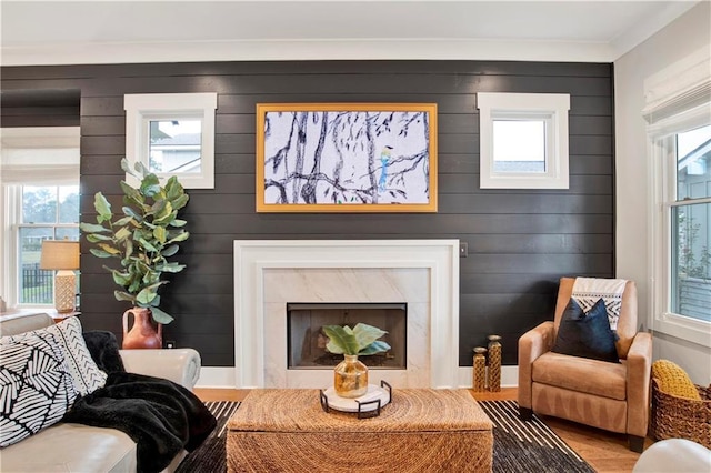 living area with a high end fireplace and wood finished floors