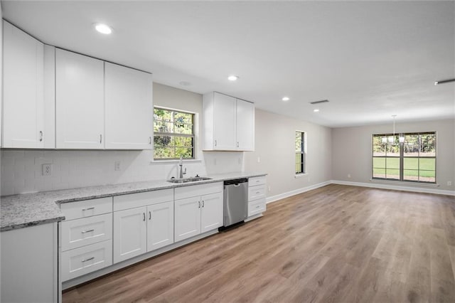 kitchen with a healthy amount of sunlight, sink, white cabinets, and stainless steel dishwasher