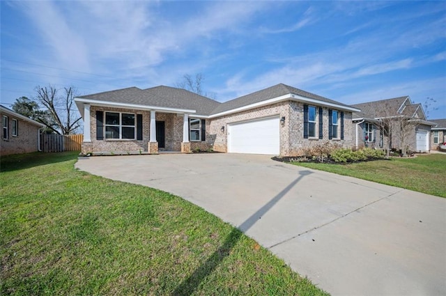 ranch-style house with a front yard, fence, concrete driveway, a garage, and brick siding