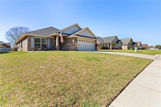 craftsman inspired home with a garage, brick siding, concrete driveway, and a front lawn