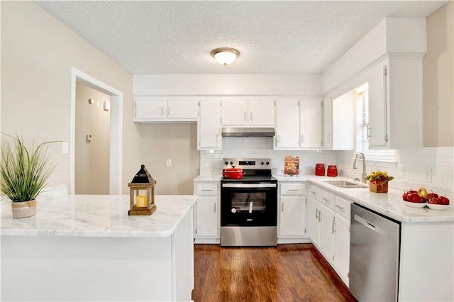 kitchen with stainless steel appliances, sink, decorative backsplash, and white cabinets